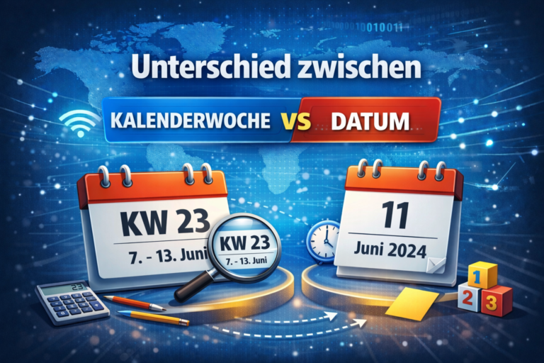 Unterschied zwischen Kalenderwoche und Datum Viele Menschen stehen vor der Frage, wie Kalenderwochen (KW) und konkrete Datumsangaben zusammenhängen und worin der Unterschied besteht. Beide Konzepte dienen der Strukturierung von Zeit, doch sie erfüllen unterschiedliche Zwecke und werden auf unterschiedliche Weise genutzt. Während das Datum einen genauen Tag im Jahr definiert, gibt die Kalenderwoche einen Zeitraum von sieben Tagen an, der fortlaufend nummeriert wird. In diesem Artikel erfahren Sie den Unterschied zwischen Kalenderwoche und Datum, warum beide Systeme wichtig sind, wie sie berechnet werden und wie Sie sie effizient für Arbeit, Projektplanung und Alltag nutzen können. Was ist ein Datum? Ein Datum gibt einen konkreten Tag im Kalenderjahr an. Es besteht typischerweise aus Tag, Monat und Jahr. Beispiele: 15. März 2026 Januar 2026 Das Datum ist präzise und wird häufig verwendet, um ein einzelnes Ereignis oder einen Termin festzulegen. Ein Datum ist eindeutig – es kann nur auf einen Tag fallen und ist international standardisiert. Anwendungsbereiche: Geburtstage Meetings oder Arzttermine Abgabetermine für Projekte Mit einem Datum wissen Sie genau, wann ein Ereignis stattfindet, aber Sie haben keine direkte Übersicht darüber, in welcher Woche des Jahres dieser Tag liegt. Was ist eine Kalenderwoche? Eine Kalenderwoche (KW) ist ein Zeitraum von sieben Tagen, der innerhalb eines Jahres fortlaufend nummeriert wird. Die Berechnung erfolgt nach der ISO 8601 Norm, die folgende Regeln festlegt: Jede Woche beginnt am Montag. KW 1 ist die erste Woche, die mindestens vier Tage des neuen Jahres enthält. Ein Jahr kann 52 oder 53 Kalenderwochen enthalten. Beispiele: KW 10 2026: Montag, 9. März – Sonntag, 15. März KW 1 2026: Montag, 29. Dezember 2025 – Sonntag, 4. Januar 2026 Die KW ist praktisch für die Planung von Wochen, sei es beruflich oder privat. Sie gibt einen Zeitraum, während ein Datum einen exakten Tag bezeichnet. Unterschied zwischen Kalenderwoche und Datum Merkmal Kalenderwoche (KW) Datum Definition Fortlaufend nummerierte Woche im Jahr Eindeutiger Tag mit Tag, Monat, Jahr Präzision Zeitraum von 7 Tagen Exakter Tag Berechnung ISO 8601 Norm Standardkalender Anwendung Wochenplanung, Projekte, Schichtplanung Einzelne Termine, Geburtstage, Deadlines Vorteil Überblick über Wochen, Planung über mehrere Tage Präzision, exakte Zuordnung eines Ereignisses Beispiel: Datum: 15. März 2026 → präziser Tag KW: 10 2026 → Zeitraum von Montag, 9. März bis Sonntag, 15. März Das bedeutet: Ein Datum gehört immer zu einer bestimmten KW, während eine KW mehrere Daten umfasst. Beide Systeme ergänzen sich ideal: Die KW bietet Wochenüberblick, das Datum exakte Tagesinformation. Warum der Unterschied wichtig ist Der Unterschied ist besonders in Beruf und Projektplanung relevant: Projekte: Aufgaben werden oft nach KW geplant, um einen Wochenüberblick zu behalten, aber Abgabetermine benötigen genaue Daten. Meetings: Teams können ihre Termine nach KW koordinieren, wissen jedoch dank des Datums, an welchem Tag das Meeting stattfindet. Schichtplanung: Personal wird nach KW eingeteilt, aber einzelne Arbeitstage benötigen Datumsangaben. Im Alltag gilt dasselbe: Ein Fitnessplan, ein Haushaltstraining oder Arzttermine lassen sich optimal kombinieren, wenn Sie sowohl KW als auch Datum verwenden. Beispiele für die Kombination von KW und Datum Beispiel 1 – Projektarbeit: KW 20 2026: Montag, 11. Mai – Sonntag, 17. Mai Aufgaben: Berichtsabgabe am Mittwoch, 13. Mai Beispiel 2 – Urlaub: KW 30 2026: Montag, 26. Juli – Sonntag, 1. August Geplanter Urlaub: Montag, 26. Juli bis Freitag, 30. Juli Beispiel 3 – Schulplanung: KW 36 2026: Montag, 31. August – Sonntag, 6. September Abgabetermine für Hausaufgaben oder Projekte: 2. September Durch die Kombination von KW und Datum behalten Sie den Wochenüberblick, während konkrete Termine exakt zugeordnet werden. Tools zur effizienten Nutzung Moderne Tools erleichtern die Arbeit mit Kalenderwochen und Daten: Digitale Kalender: Google Kalender, Outlook oder Apple Kalender zeigen sowohl KW als auch Datum. Online-KW-Rechner: Webseiten liefern KW inklusive Wochentage und zugehörige Daten. Projektmanagement-Software: Trello, Asana oder Microsoft Teams ermöglichen Aufgabenplanung nach KW und Datum. Mobile Apps: Kalender-Apps für Smartphones zeigen KW und Datum parallel an. Diese Tools berücksichtigen automatisch die ISO 8601 Norm und helfen, Fehler zu vermeiden. Fazit: KW und Datum sinnvoll kombinieren Der Unterschied zwischen Kalenderwoche und Datum liegt in der Perspektive: Das Datum gibt den genauen Tag, die KW den Zeitraum von sieben Tagen an. Beide Systeme ergänzen sich optimal für Arbeit, Planung und Alltag. Für Projekt- und Wochenplanung: KW nutzen Für exakte Termine: Datum verwenden Für maximale Übersicht: KW und Datum kombinieren Wer beide Konzepte versteht und gezielt einsetzt, plant effizienter, vermeidet Fehler und behält sowohl den Tages- als auch den Wochenüberblick.