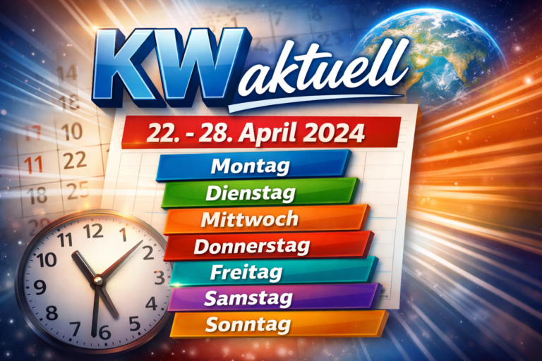 Infografik zeigt die aktuelle Kalenderwoche in Deutschland mit Datum und allen Wochentagen, ideal für Planung und Organisation