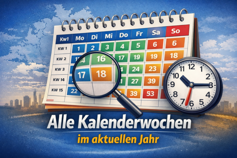 Übersicht aller Kalenderwochen im aktuellen Jahr mit ISO Kalender, Wochenbeginn Montag und markierter aktueller KW