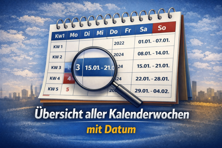 Kalenderwochen Übersicht mit Datum von Montag bis Sonntag nach ISO Standard für das gesamte Jahr